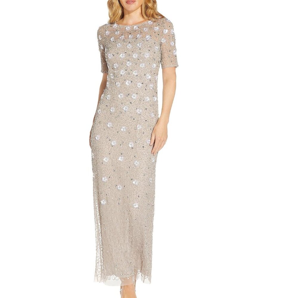 Adrianna Papell Beige Floral Maxi Dress